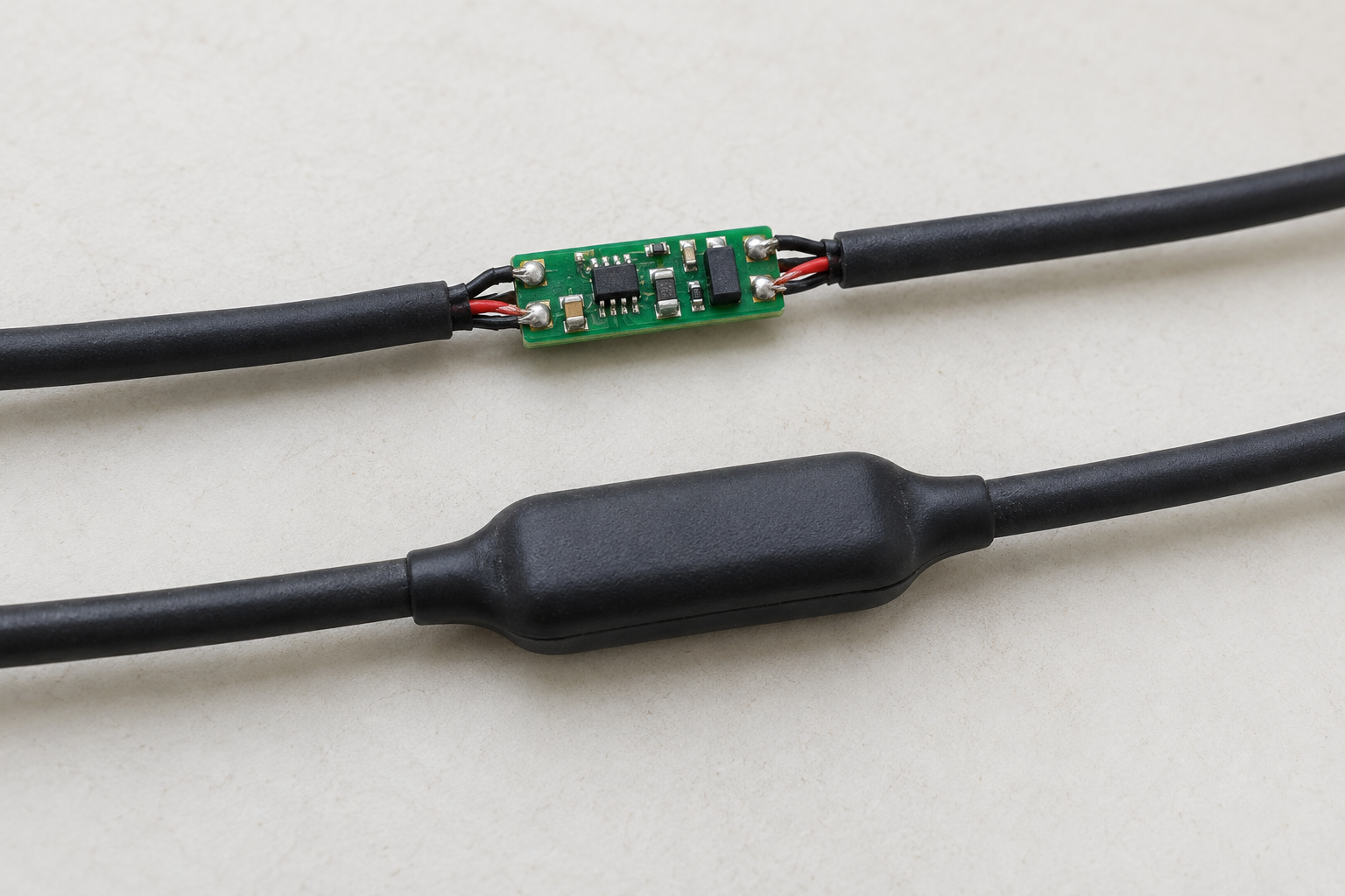 Illustrative cable assembly with exposed circuit board above and a black LPM protective cover below
